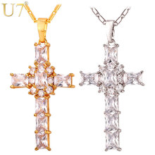 U7 Cross Crystal Necklace Women Jewelry Gift Wholesale Gold Color Luxury Pink/Clear Cubic Zirconia Pendant & Chain P364 2024 - buy cheap