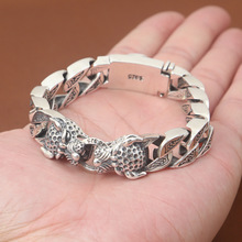 Pulseira de prata esterlina 925 real, com leopardo, cabeça de pingente, pulseira fina masculina, estilo punk 2024 - compre barato
