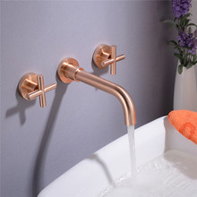 Grifo de lavabo montado en la pared, Grifería de lavabo de baño con 3 orificios, mezclador de agua caliente y fría, doble manija, color rosa dorado mate 2024 - compra barato