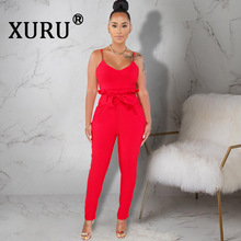 XURU new women's hot sale jumpsuit lace waist solid color straps jumpsuit (with belt) sexy straps jumpsuit 2024 - buy cheap