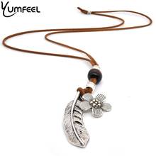 Yumfeel Vintage Jewelry Necklace Handmade Brown Leather Velvet Feather Leaf Flower Pendants Necklaces 2024 - buy cheap