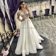 A-Line Wedding Dresses 2019 Long Sleeves Deep V Neck Lace Appliques Tulle Illusion Bridal Gowns Vestido De Noiva Plus Size 2024 - buy cheap