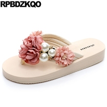 Rubber 2021 High Heel Wedge Slides Flower Pearl Flip Flop Sandals Platform Luxury Shoes Women Designers Pink Cute Slippers Lady 2024 - buy cheap