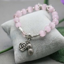 Retro Ethnic style Pink Crystal Lucky Cat eye Opal stones Bracelet hand chain for women girls Ladies beads Silvers Pendant 2024 - buy cheap