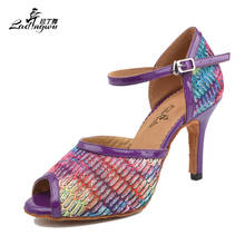 Ladingwu New Multicolored Lace and Purple pu zapatos de baile latino mujer Ballroom Dance Competition Shoes Heel 6/7.5/8.52/10cm 2024 - buy cheap