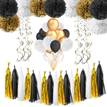 Black White and Gold Party Decorations with Balloons Tassel Garland and Paper Pom Poms for New Year's Eve Halloween Wedding 2024 - buy cheap