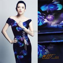 Telas Fashion Normic Material Silk Cheongsam Dress Silk Elastic Satin Fabric Blue Peony Flowers Print Silk Fabric Japan Tissu 2024 - buy cheap