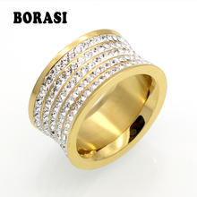 5 Row Brand Crystal Jewelry Fashoin Women Men Unisex Luxury 11mm Wide Rings Wholesale Gold Color Stainless Steel Wedding Rings 2024 - buy cheap