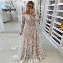 Off Shoulder Prom Dresses Illusion Lace Fabric Pink Lining Floor Length Evening Formal Party Dress with Belt Vestido De Fiesta 2024 - buy cheap