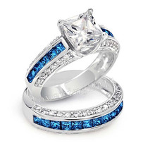 Роскошные ювелирные изделия оптом 10KT белое золото заполненное Принцесса Cut Синий AAA CZ Zirdonia имитация камней Свадебное женское кольцо для пары 2024 - купить недорого