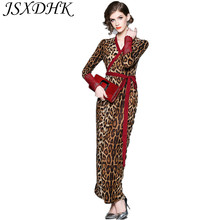 JSXDHK Runway Designer Sheath Women Party Dress Autumn Leopard Patchwork Lace Soft V Neck Bodycon Split Long Dresses With Belt 2024 - buy cheap