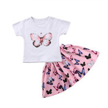 Conjunto de camisa e saia infantil para meninas, 2 peças, roupas de verão para crianças e bebês meninas com estampa de borboleta, conjunto de vestido 2024 - compre barato