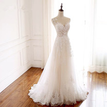 A linha ver através de tule rendas miçangas elegante simples vestidos de casamento imagem real vestido de noite feito sob encomenda rp25 2024 - compre barato
