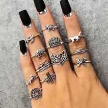12 pçs retro prata cor anéis de junta para mulheres turco boho midi dedo anel conjunto jóias punk elefante bague femme 2024 - compre barato