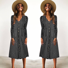 Dress 2018 New Brand Women Boho Dress Polka Dot  Long Sleeve Pockets Button Print Party  Lady Clubwear Sundress Summer 2024 - buy cheap