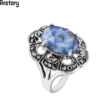 Oval Natural River Stone Rings For Women Vintage Look Antique Silver Plated Rhinestone Plum Flower Fashion Jewelry TR688 2024 - buy cheap