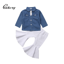 Cathery/модный джинсовый топ для маленьких девочек + расклешенные штаны, свободные леггинсы, комплект из 2 предметов