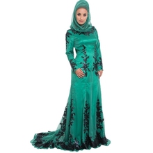 Vestido de fiesta árabe de mangas largas musulmanas, Hijab, Dubai, apliques negros, lentejuelas, caftán, verde, para graduación de mujer, 2016 2024 - compra barato