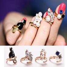 Conjunto de 4 anillos de perlas de gato negro y cristal para mujer, sortijas de nudillos elegantes, joyería ajustable 2024 - compra barato