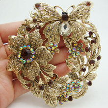 Free Shipping 3.85" Vintage Style Butterfly Flower Brooch Pin Pendant Brown Austrian Crystal Rhinestone 2024 - buy cheap