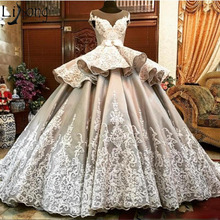 Vestido de noiva luxuoso, 2019, com mangas simples, apliques de renda, vestido de baile peplum, rasteirinha de cetim 2024 - compre barato