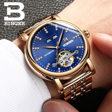 BINGER-Reloj de negocios automático para hombre, reloj mecánico de acero completo, con carcasa de oro rosa, esfera azul, masculino 2024 - compra barato
