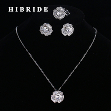 HIBRIDE nueva forma de flor collar pendientes anillo conjuntos de joyería Zirconia cúbica Color oro blanco joyería de moda Boda REGALOS N-174 2024 - compra barato