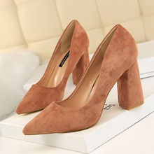 New Arrival Concise Square Heel Office Shoe Women Flock Soft Leather Pointed Pumps Spring Autumn Shallow Ladies High Heels Shoes 2024 - buy cheap
