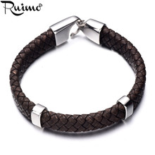 RUIMO Fashion Simple Male Cuff Bracelets Bangles Wide Braided Leather Rope with Stainless steel Clasp Hook Bracelets For Men 2024 - buy cheap