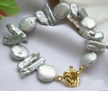 Pulsera de perlas de agua dulce para mujer, brazalete de perlas de 8 pulgadas y 14mm, moneda gris, Biwa, regalo de cumpleaños 2024 - compra barato