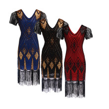 Verão 2018 fantasias elegantes com franjas gola v vestido midi festa estilo vintage 1920s grande vestido gatsby. 2024 - compre barato