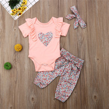 PUDCOCO Cute Newborn Toddler Kids Baby Girls 3PCS Short Sleeve Romper+ Floral Long Pants Trousers+Headband Casual Outfits 0-18M 2024 - buy cheap