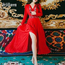 Женское богемное платье в этническом стиле, Красное Длинное пляжное платье с цветочной вышивкой и V-образным вырезом, летнее платье с поясом 2024 - купить недорого