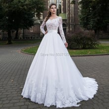 Romântico rendas apliques mangas compridas vestidos de casamento sheer v decote botões volta varredura trem a linha vestidos de noiva 2020 eleagnt 2024 - compre barato