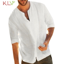 Camisa da blusa dos homens verão v pescoço algodão linho sólido casual trabalho camisa fora branco masculino topo homme jogging roupas chemise homme 19may 2024 - compre barato