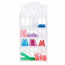 2 Items = 1x White 5 Layer Shoes Rack Dollhouse Shoe Cabinet + Random 12x Mixed Style Shoes for Barbie Doll Accessories Kids Toy 2024 - buy cheap