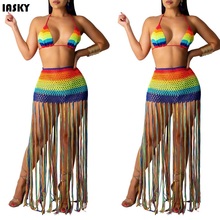 IASKY Crochet colorful striped beach cover up long dress sexy women Top+long tassel skirts bikini swimwear cover ups 2PCS/SET 2024 - buy cheap