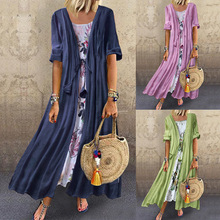 QPFJQD Half Sleeve Soft Cotton Linen Two Piece Set Dress Sashes Vintage Print Floral Casual Women Spring Autumn Dress Plus Size 2024 - buy cheap