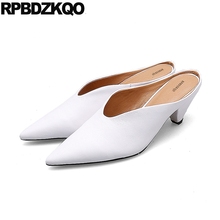 Zapatos de tacón medio de ante para mujer, sandalias altas de cuero genuino, color blanco, puntiagudas, moda de verano, 2021 2024 - compra barato