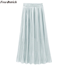 FREE OSTRICH Spring Summer Pleated Skirt Womens Vintage High Waist Skirt Solid Long Skirts New Fashion Metallic Skirt Female 2024 - buy cheap