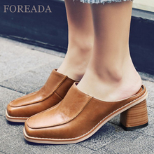 FOREADA Real Leather Shoes Women Slippers Female Casual Genuine Leather Mules Square Toe Thick High Heels Brown Size 40 Zapatos 2024 - buy cheap