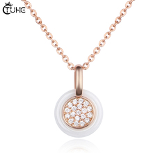 Exquisite Rose Gold Color White Cubic Zirconia Ceramic Round Necklace Pendants for Women Fashion Jewelry With Free Chain Jewelry 2024 - buy cheap