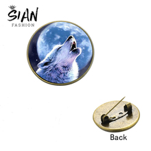 SIAN Vivid Howling Wolf Brooch Lapel Pin Animal Art Painting Glass Cabochon Badges Collar Pins Clothes Hat Backpack Jewelry Gift 2024 - buy cheap