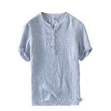 Men Causal Linen Cotton Shirts Short Sleeve  Collar Solid Color Retro Shirt 2024 - buy cheap