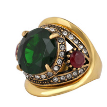 Преувеличенное винтажное зеленое/голубое стекло камень кольца для женщин Цвет старинное золото винтажное ювелирное кристаллическое кольцо подарок на любовь 2024 - купить недорого