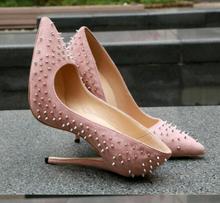 Moraima-zapatos de tacón alto con remaches de ante rosa para mujer, calzado Sexy con punta estrecha, tacones finos, tacones de aguja poco profundos 2024 - compra barato