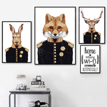 Bonito dos desenhos animados animais pintura da lona veados raposa militar uniforme parede arte imagem para sala de estar nórdico cartaz e impressão sem moldura 2024 - compre barato