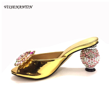 VIISENANTIN-zapatilla de charol dorada para mujer, zapatos de verano con punta abierta, Sexy, de cristal colorido, tacón de bola redondo, exquisito 2024 - compra barato