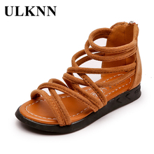 ULKNN Gladiator Sandals Kids Summer Girls Shoes Children Roman Sandals Flat Back Zip Flock Ankle Cut-out Hollow Girls Sandals 2024 - buy cheap