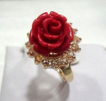 Gran oferta> @ elegante hermoso coral rojo tallado/Cuentas 18KGP anillo #6, 9 $ gemas de piedra de cristal CZ $ lujo boda de la señora chica 2024 - compra barato